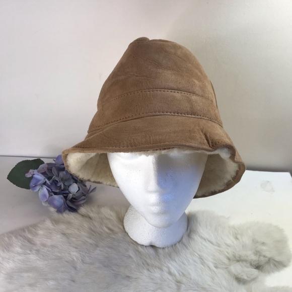 Vintage 70s Shearling Suede Bucket Hat Real Fur Beige Tan Unisex Men Women - Picture 5 of 13